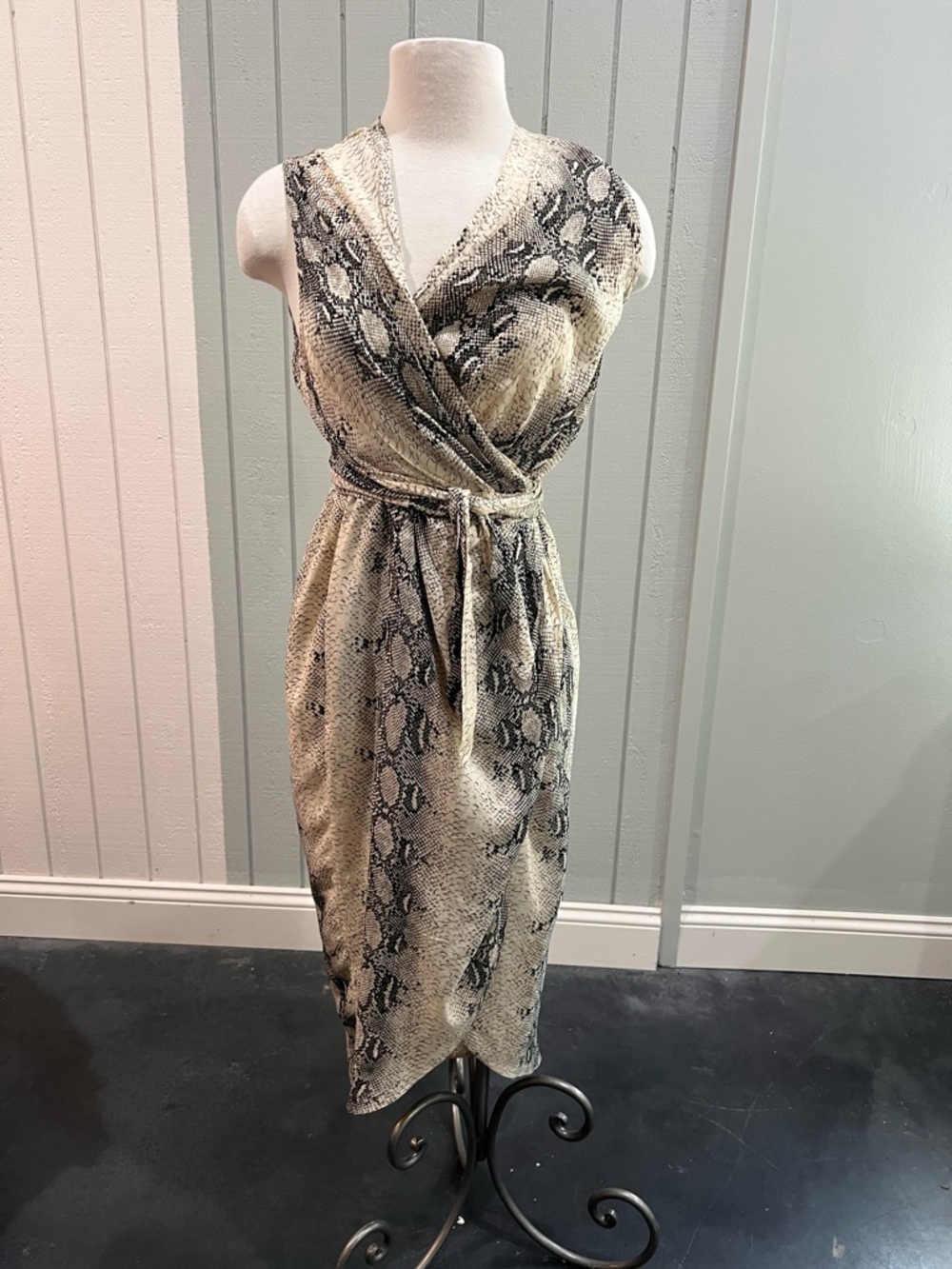 Sleeveless Snake-Print Midi Wrap Dress in Beige and Black